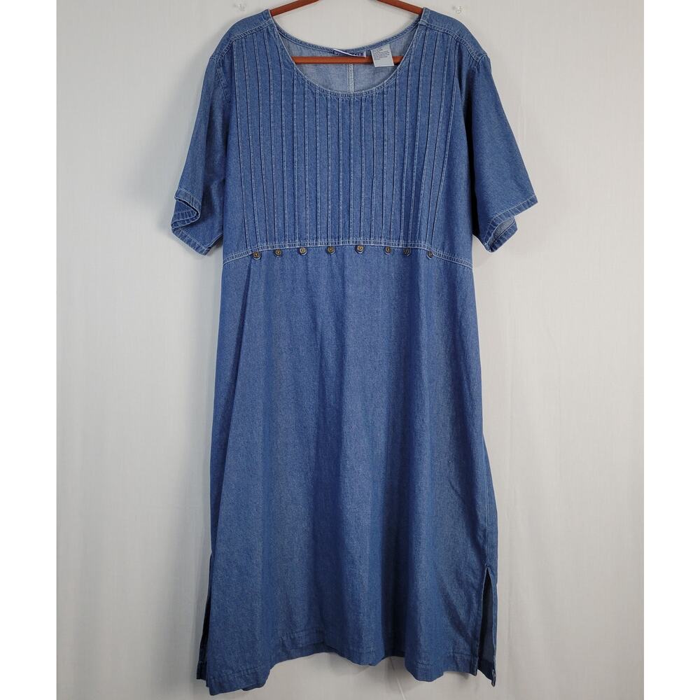 Vintage 90s Denim Short Sleeve Midi Dress size 2X Blue Button Detail Casual